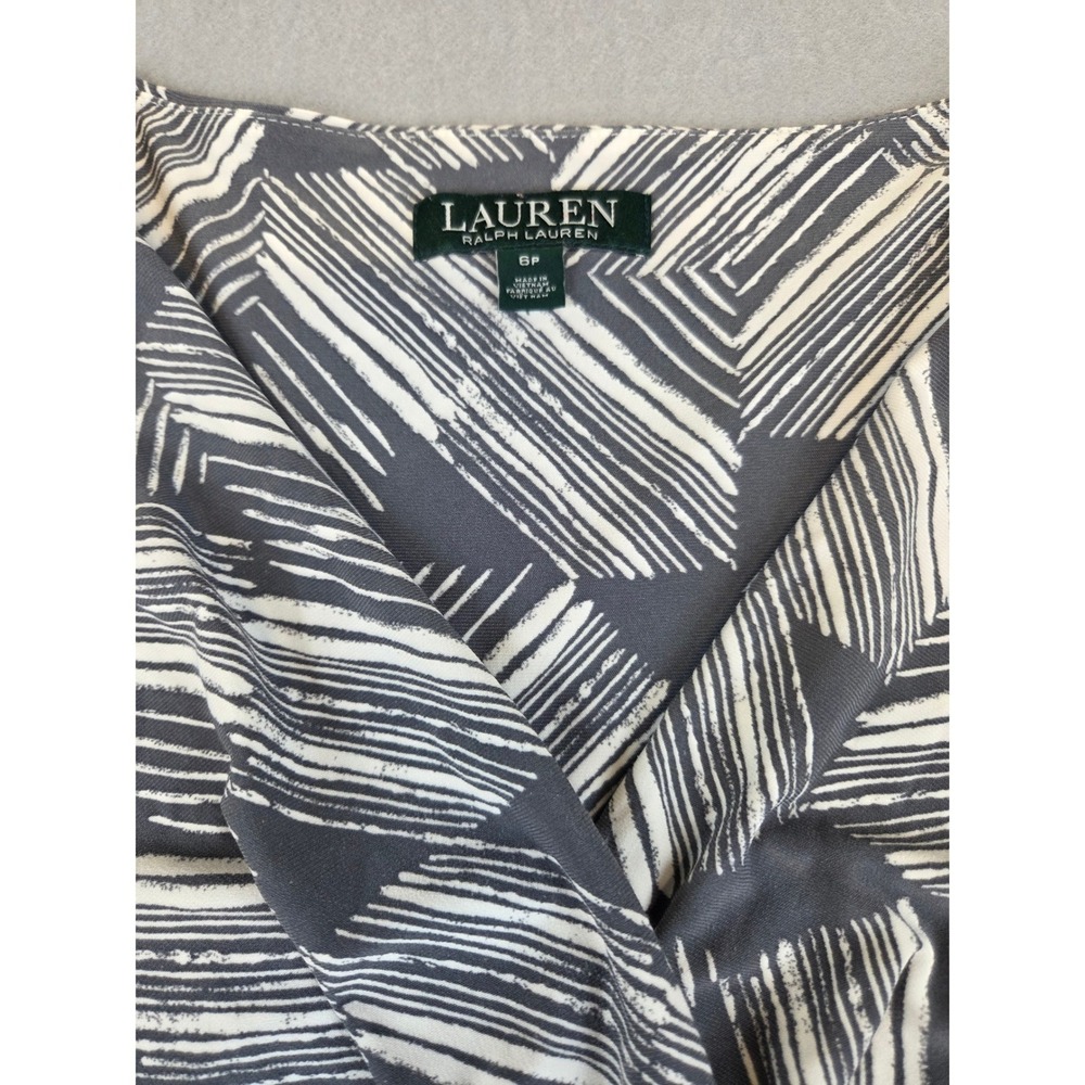 Lauren Ralph Lauren Gray White V Neck Wrap Ruched Cocktail Sheath Dress 6P